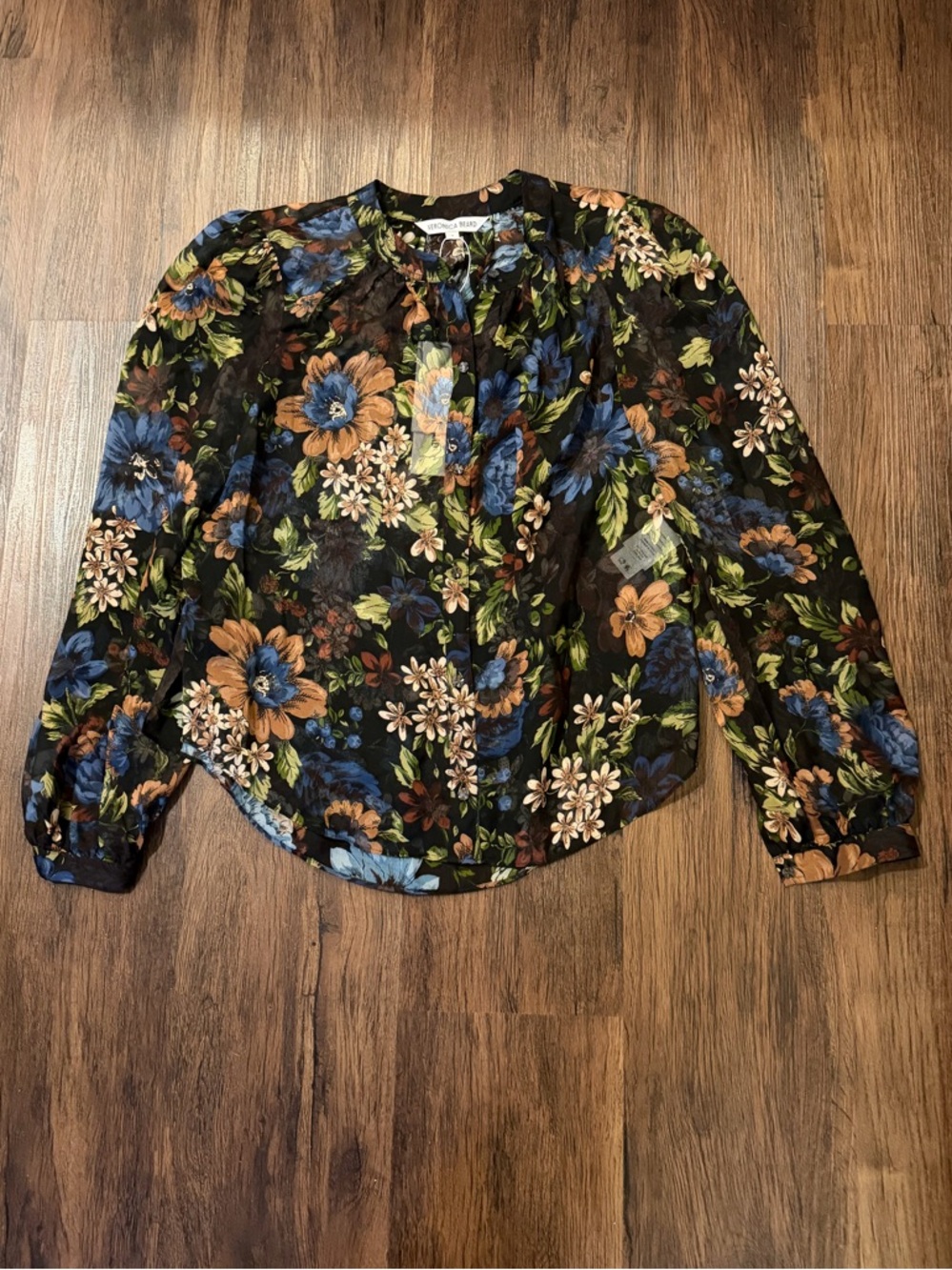 Veronica Beard Black Floral Blouse with Blue & Tan Flowers